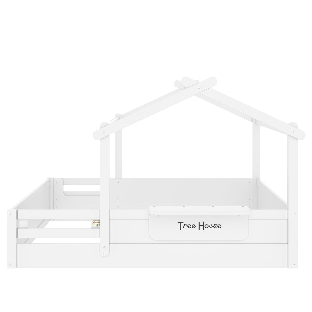 Full Size Floor Bed with Guardrails and Roof for Kids