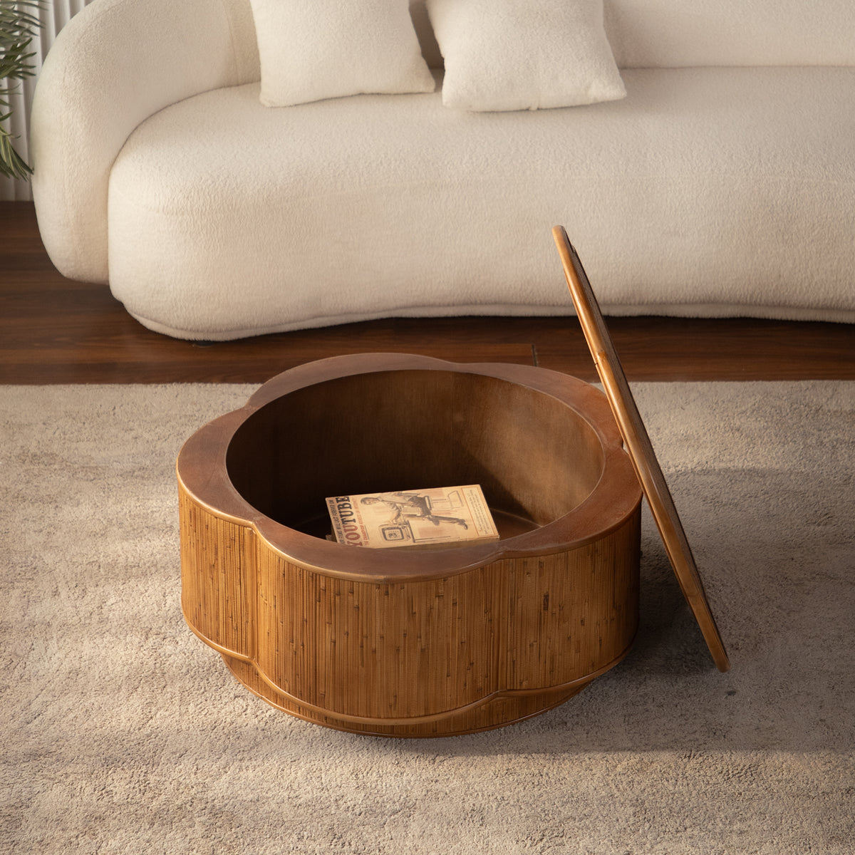 Flower-Shaped Rattan Coffee Table with Lift-Off Lid Storage