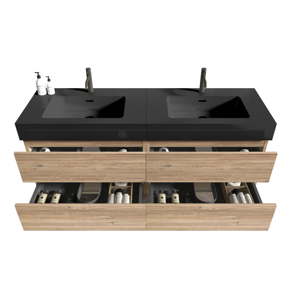 Grace 60-Inch Double Drawer Wall-Mount Bathroom Vanity, Black Oak with Solid Surface Sink