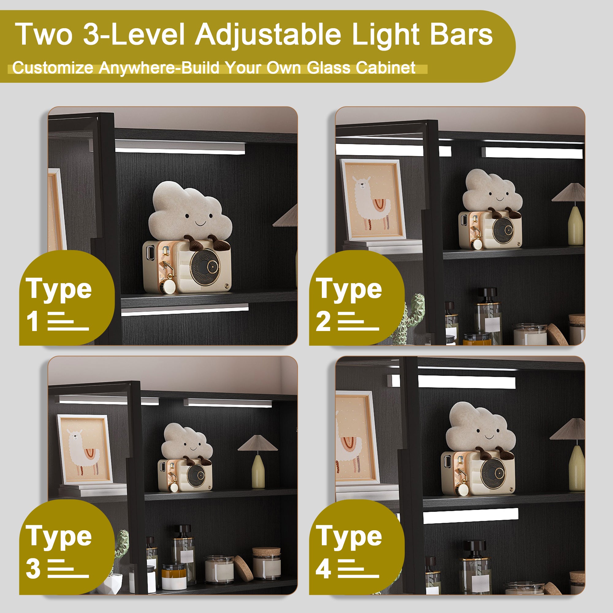 Computer Desk with Glass Cabinets & Built-In LED Lights