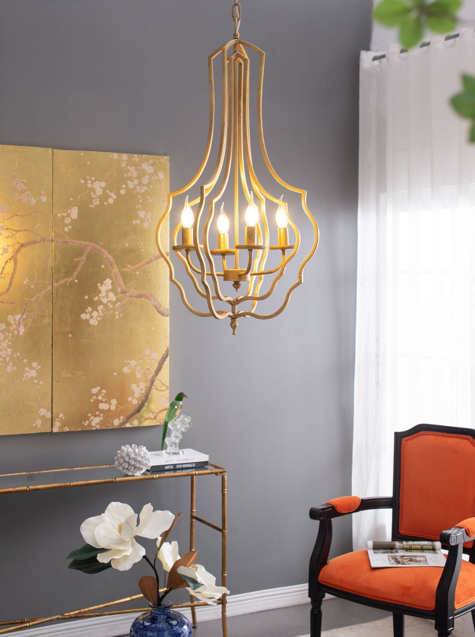 4 Light Chandelier With Adjustable Chain - Gold