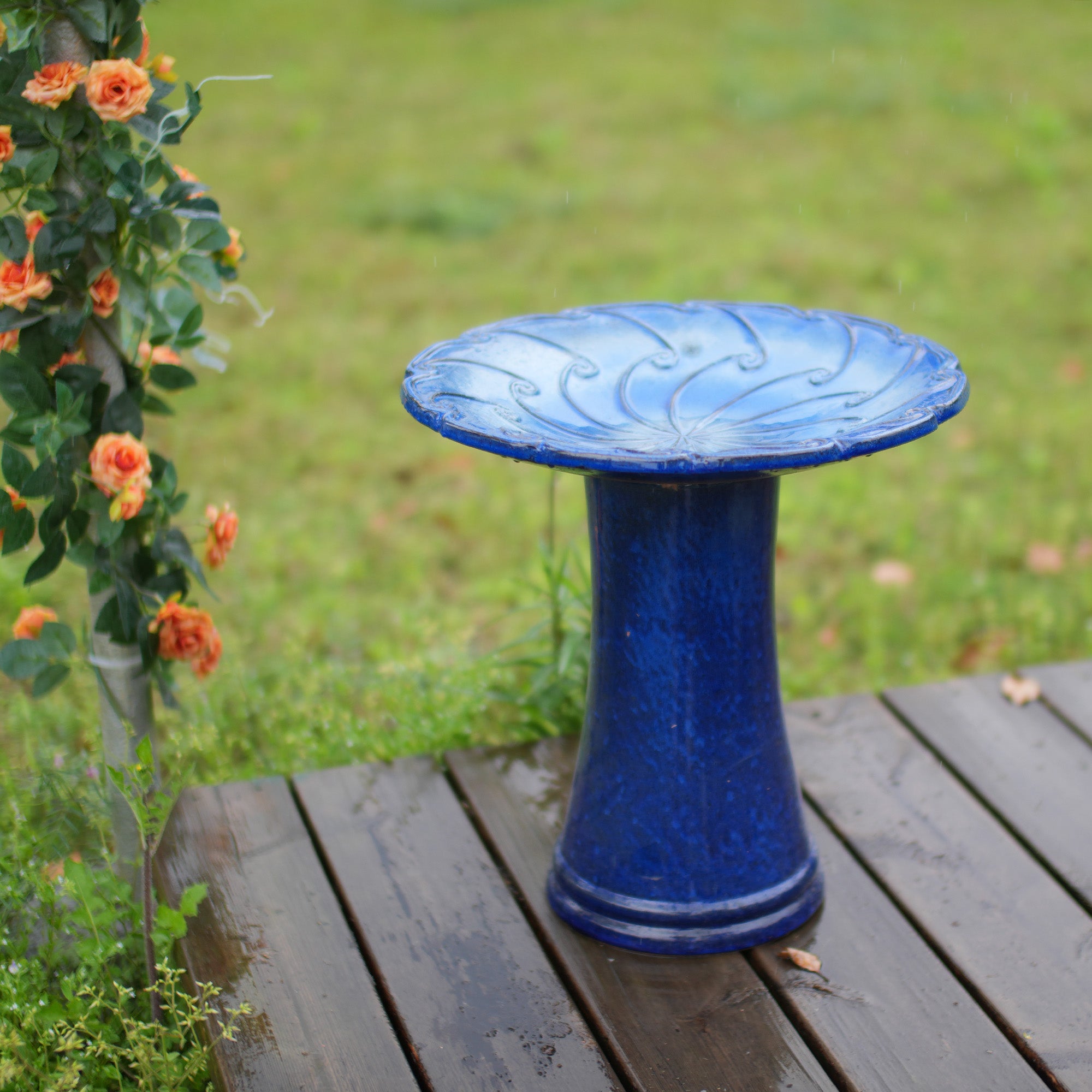 Handmade Glazed Ceramic Bird Bath, 17" Swirling Scroll Embossed Tray