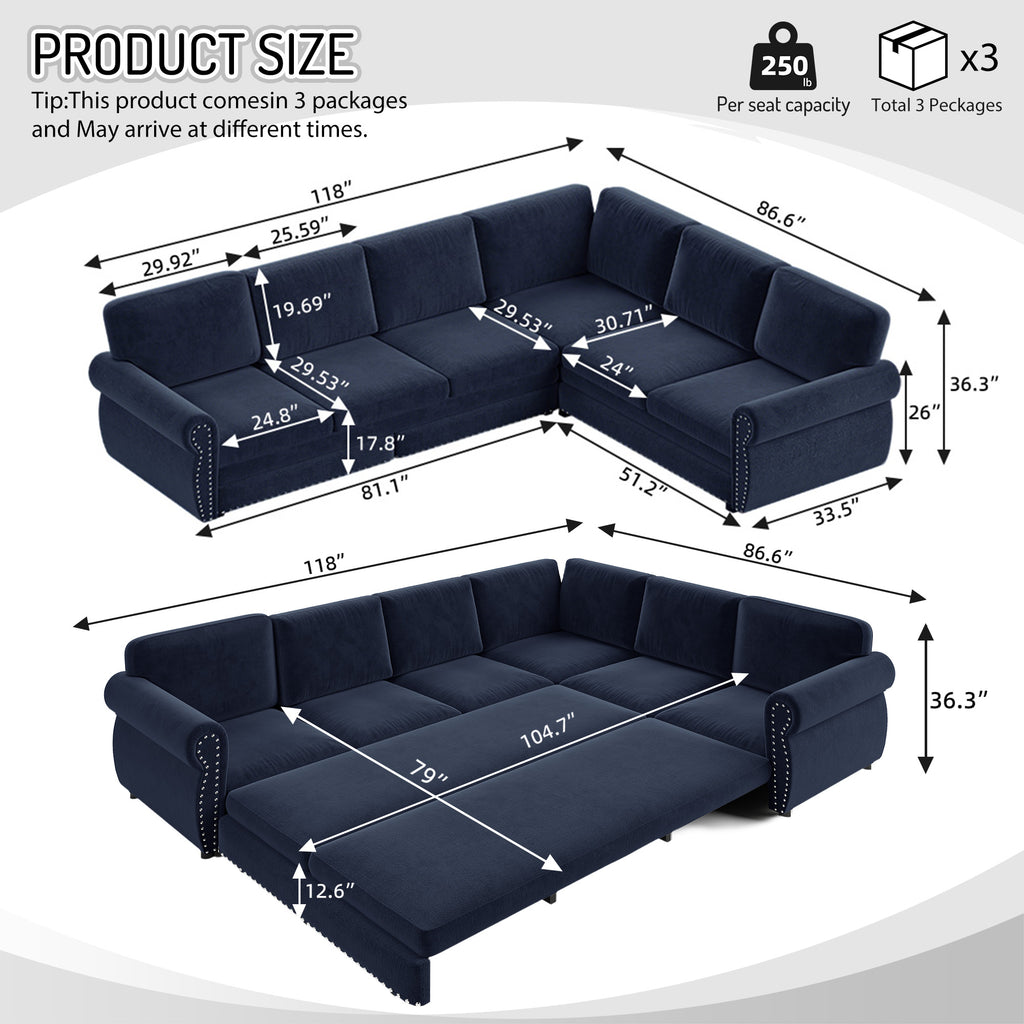 118" L-Shaped Sofa Couch with Pull-Out Bed