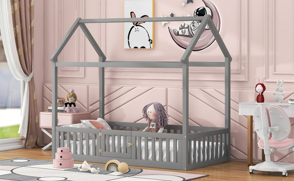 Twin Size Wood House Bed with Fence and Door - Gray