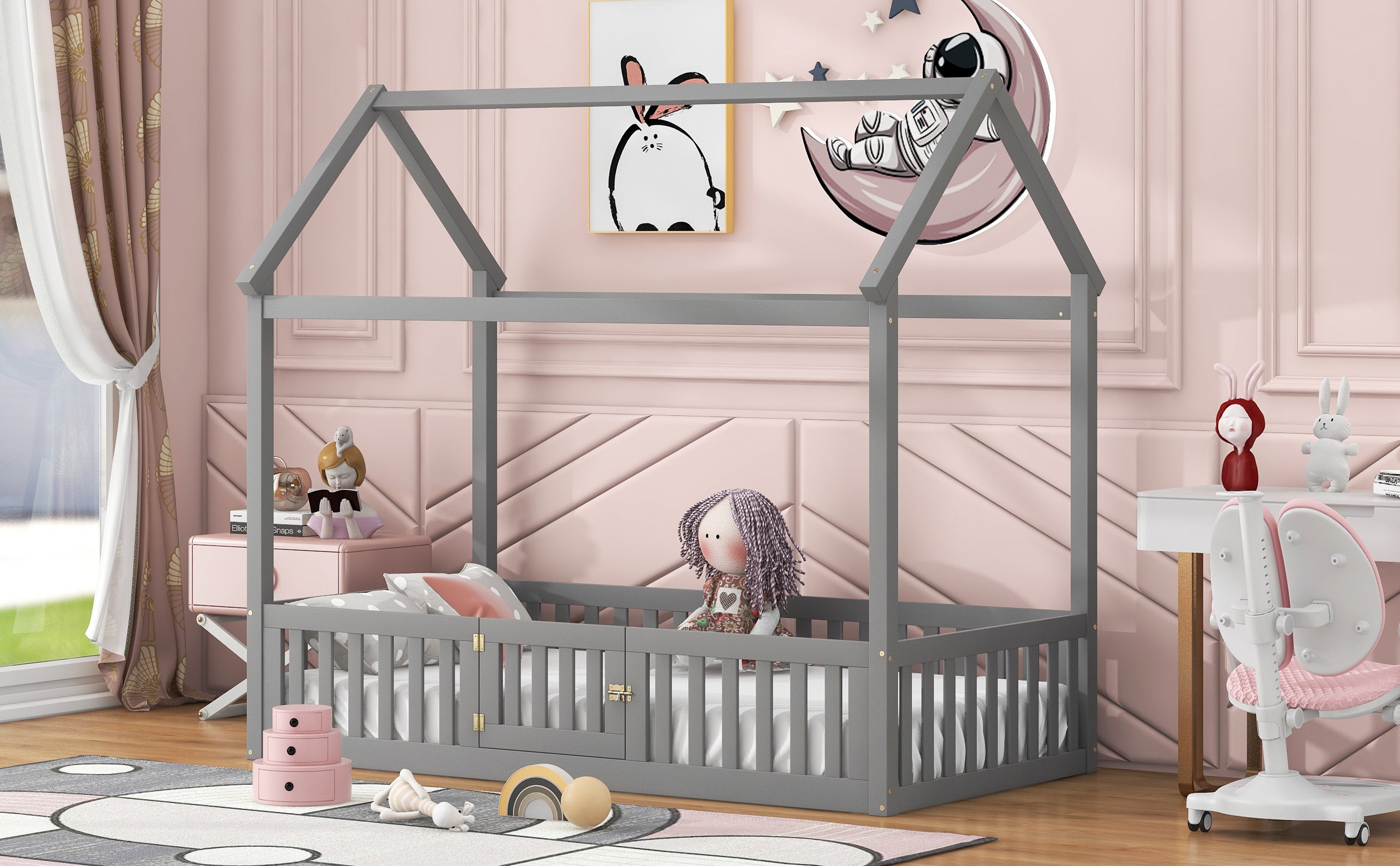 Twin Size Wood House Bed with Fence and Door - Gray