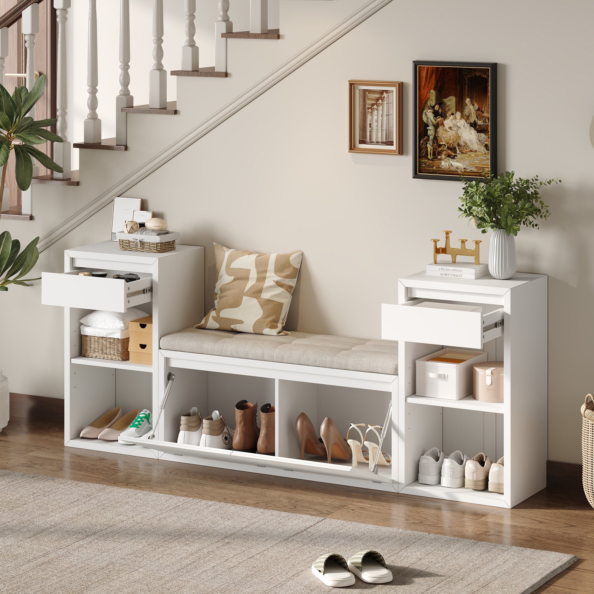 TREXM All-in-One Entryway Storage Bench with Cushion, Compartments & Drawers