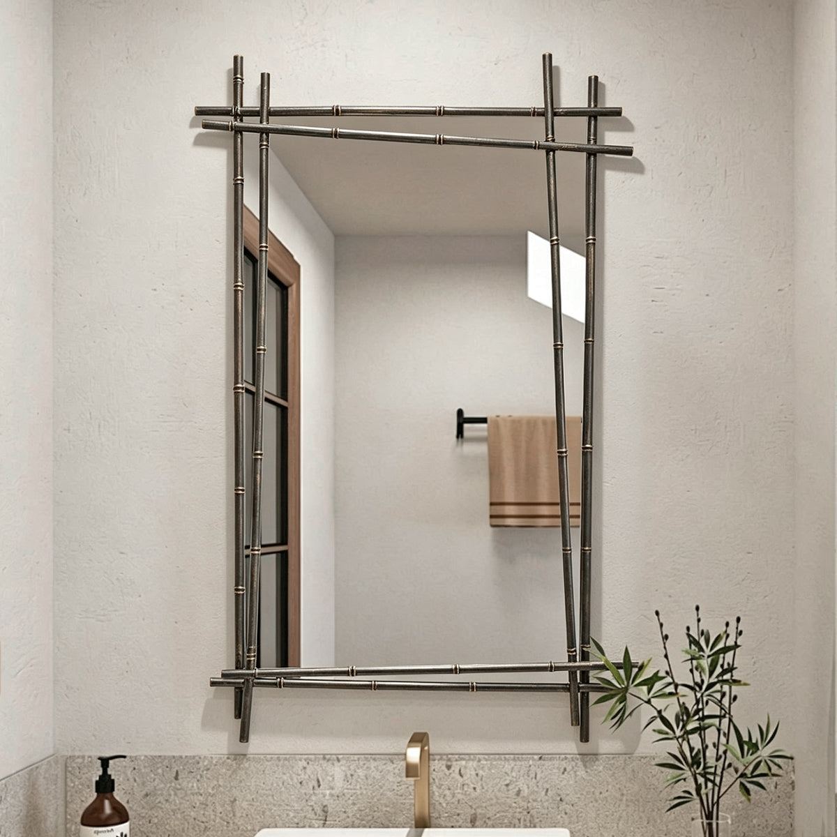 Metal Bamboo‑Inspired Wall Mirror, Rectangular Decor Mirror 26.77×41.73 Inch for Home Decor(Black)