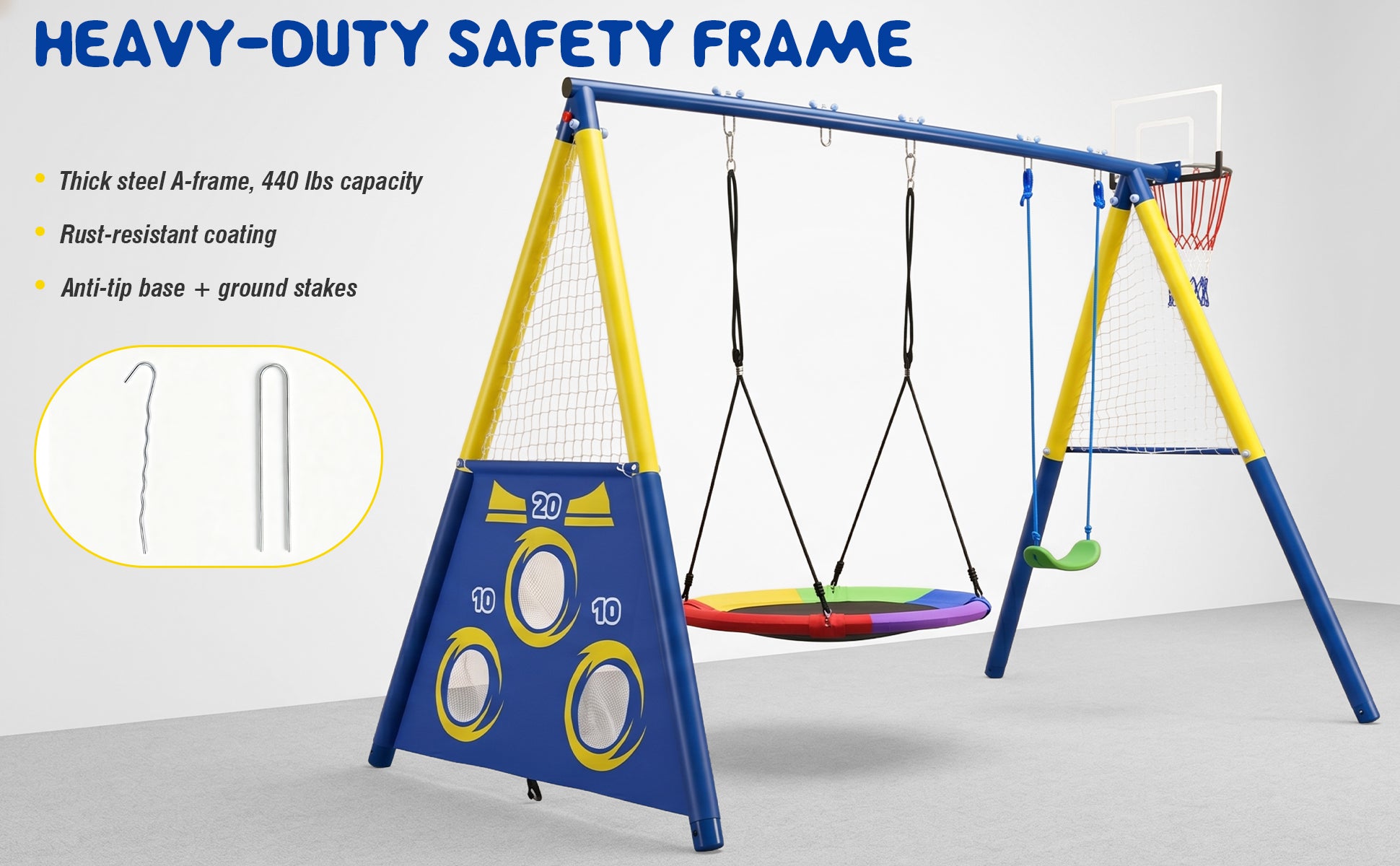 5-in-1 Kids Swing Set with Saucer Swing, Belt Swing, Basketball Hoop & Soccer Goal
