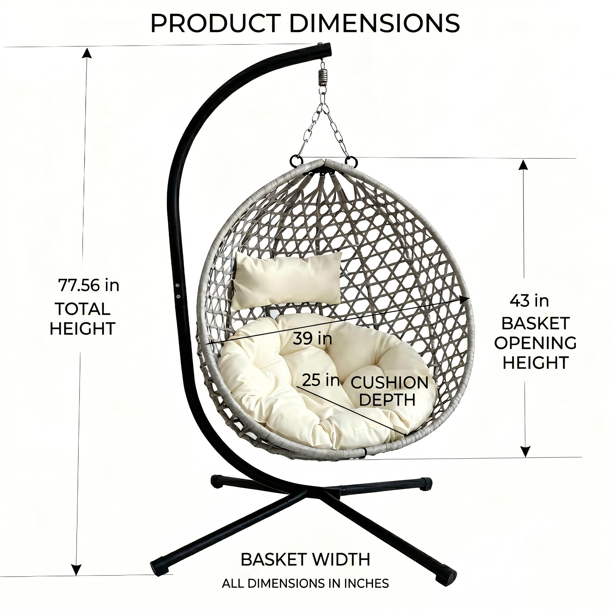 Foldable Hanging Egg Chair with Stand, HDPE Rattan Wicker