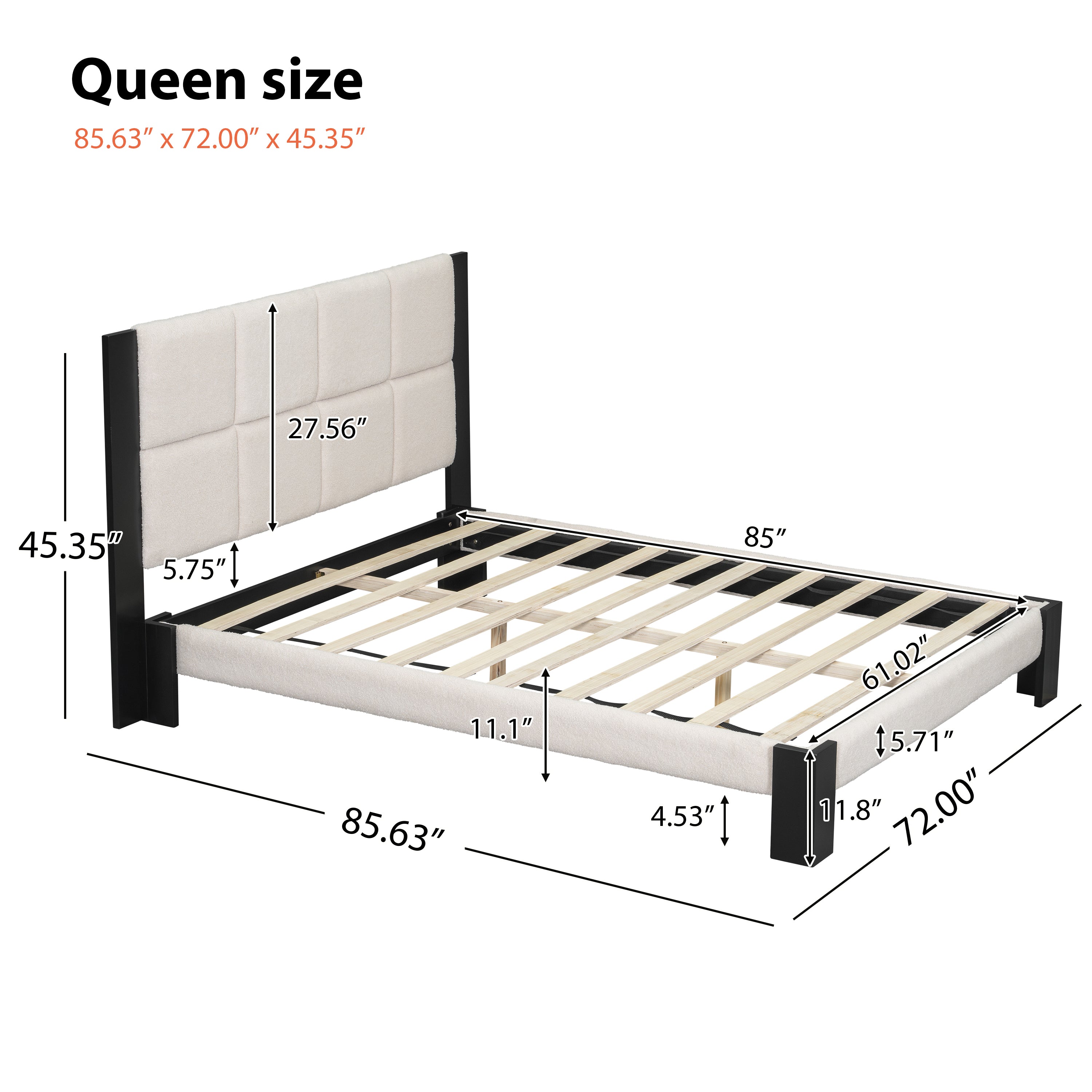 Boucle Queen Bed Frame with Square-Stitched Headboard