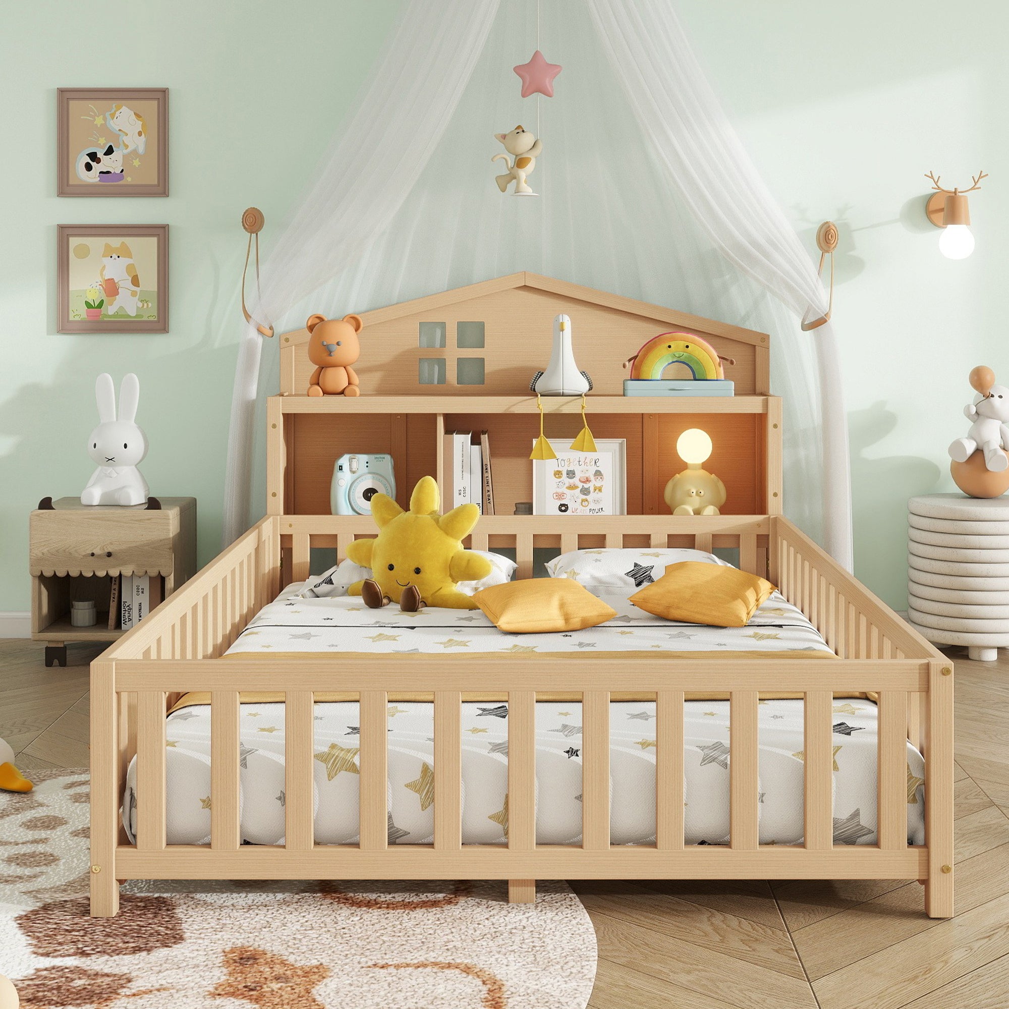 Full-Size Montessori Floor Bed with Bookcases and Blackboards