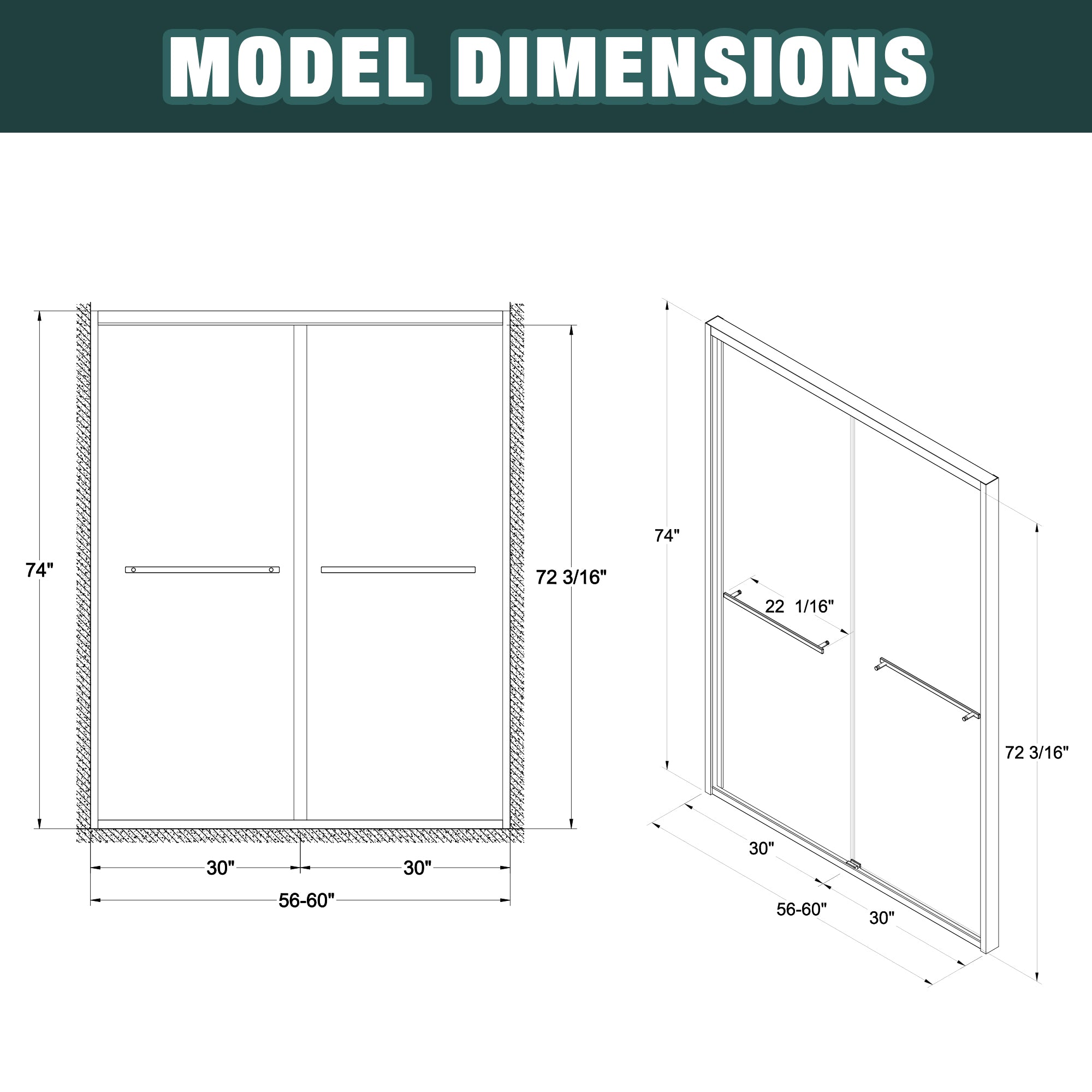 56-60"x74" Aluminum Frame Double Sliding Shower Door