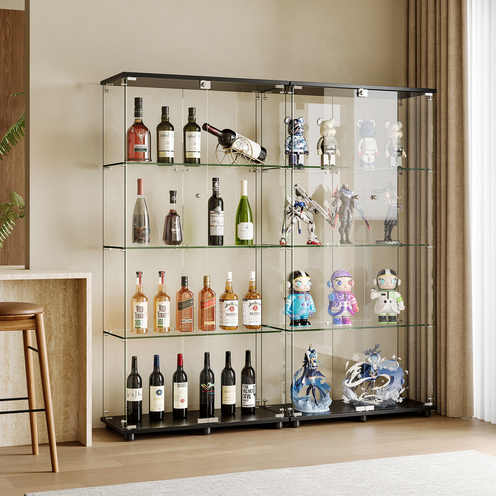 Glass Display Cabinet with 4-Shelf Double Doors and Lock