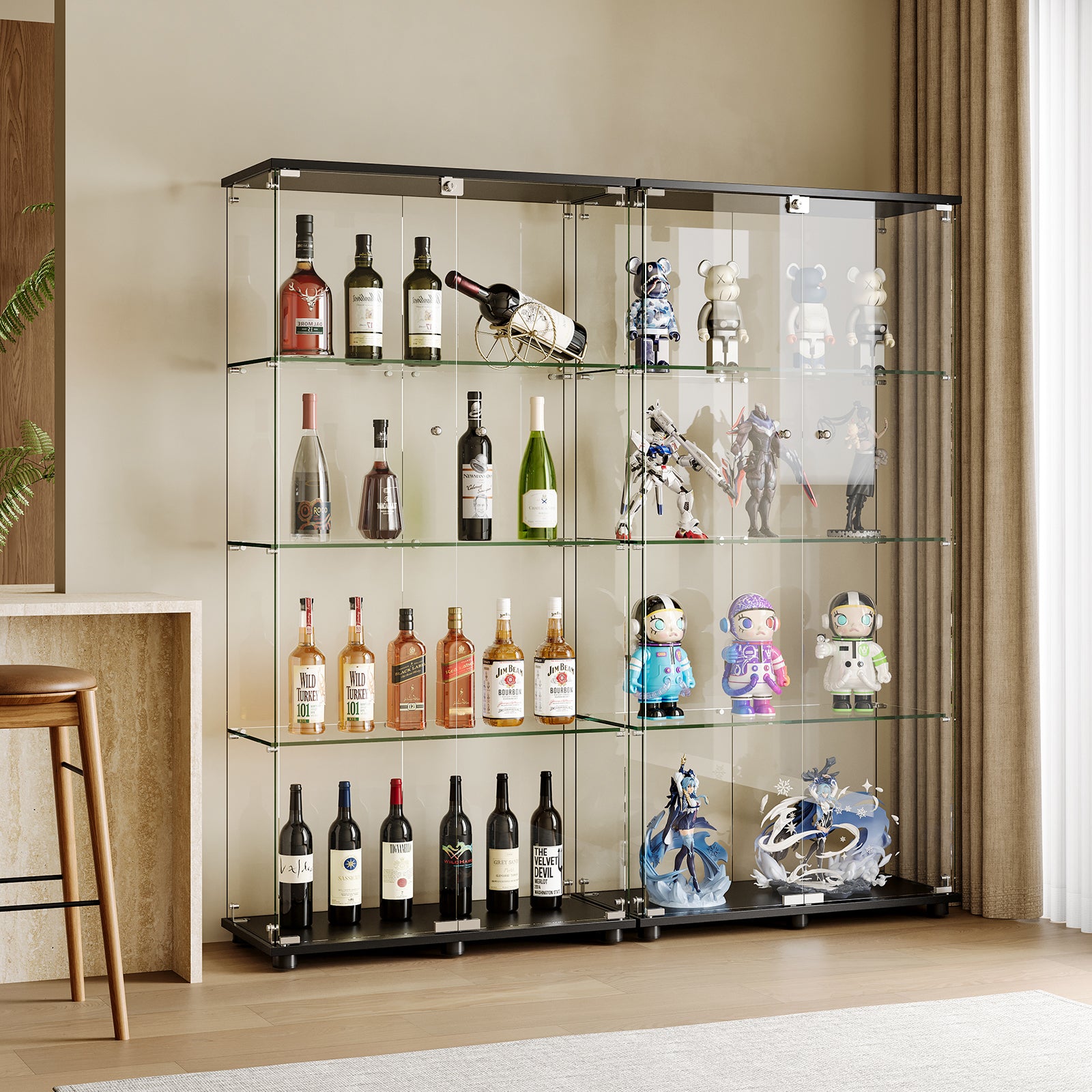 Glass Display Cabinet with 4-Shelf Double Doors and Lock