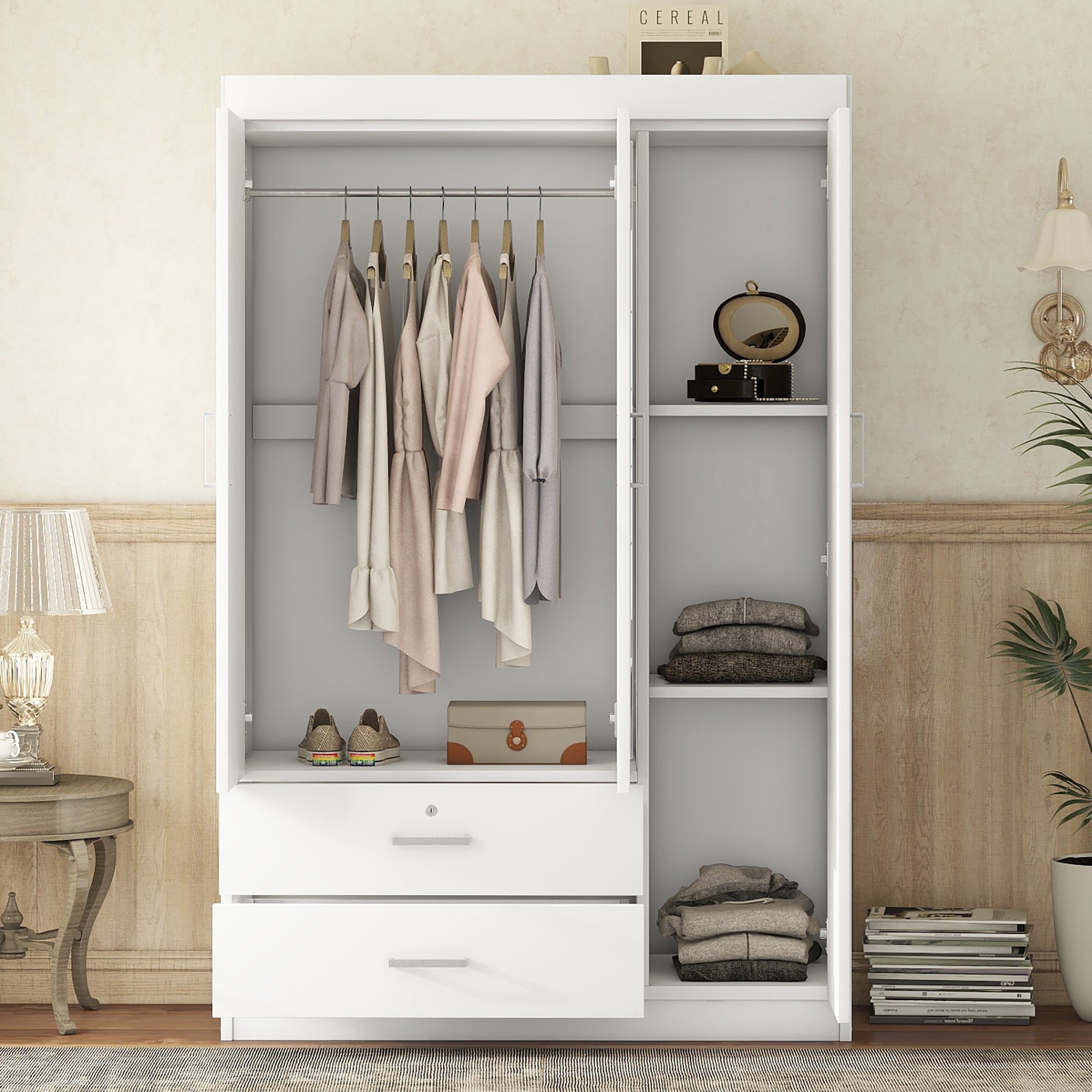 3-Door Mirror Wardrobe with Shelves