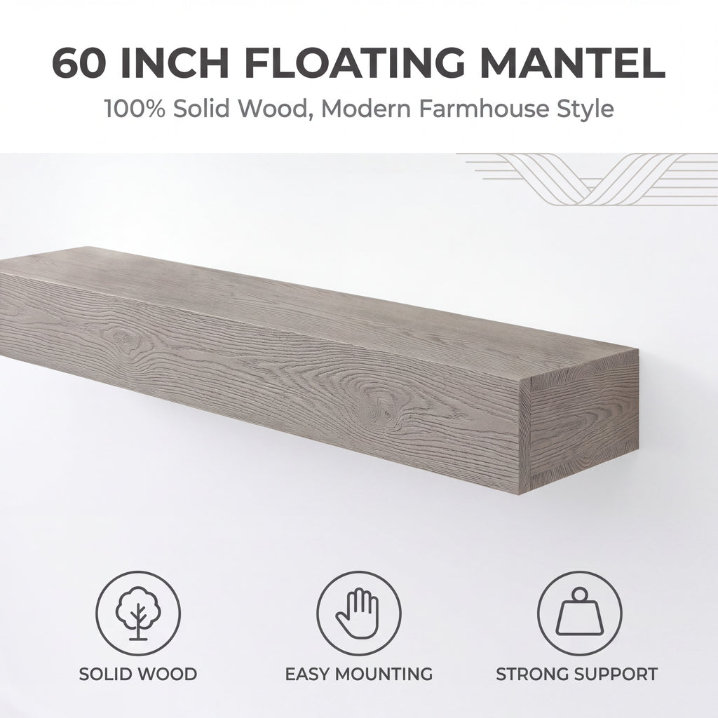 60-Inch Rustic Embossed Wood Fireplace Mantel, Wall-Mounted Floating Shelf, Gray