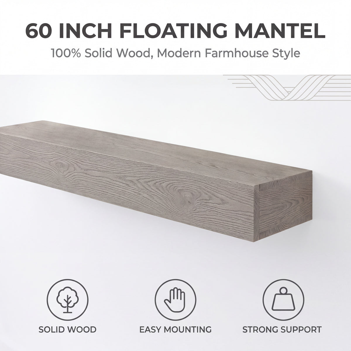 60-Inch Rustic Embossed Wood Fireplace Mantel, Wall-Mounted Floating Shelf, Gray