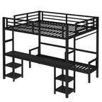 Queen Over Twin XL Metal Bunk Bed with Desk and Shelves