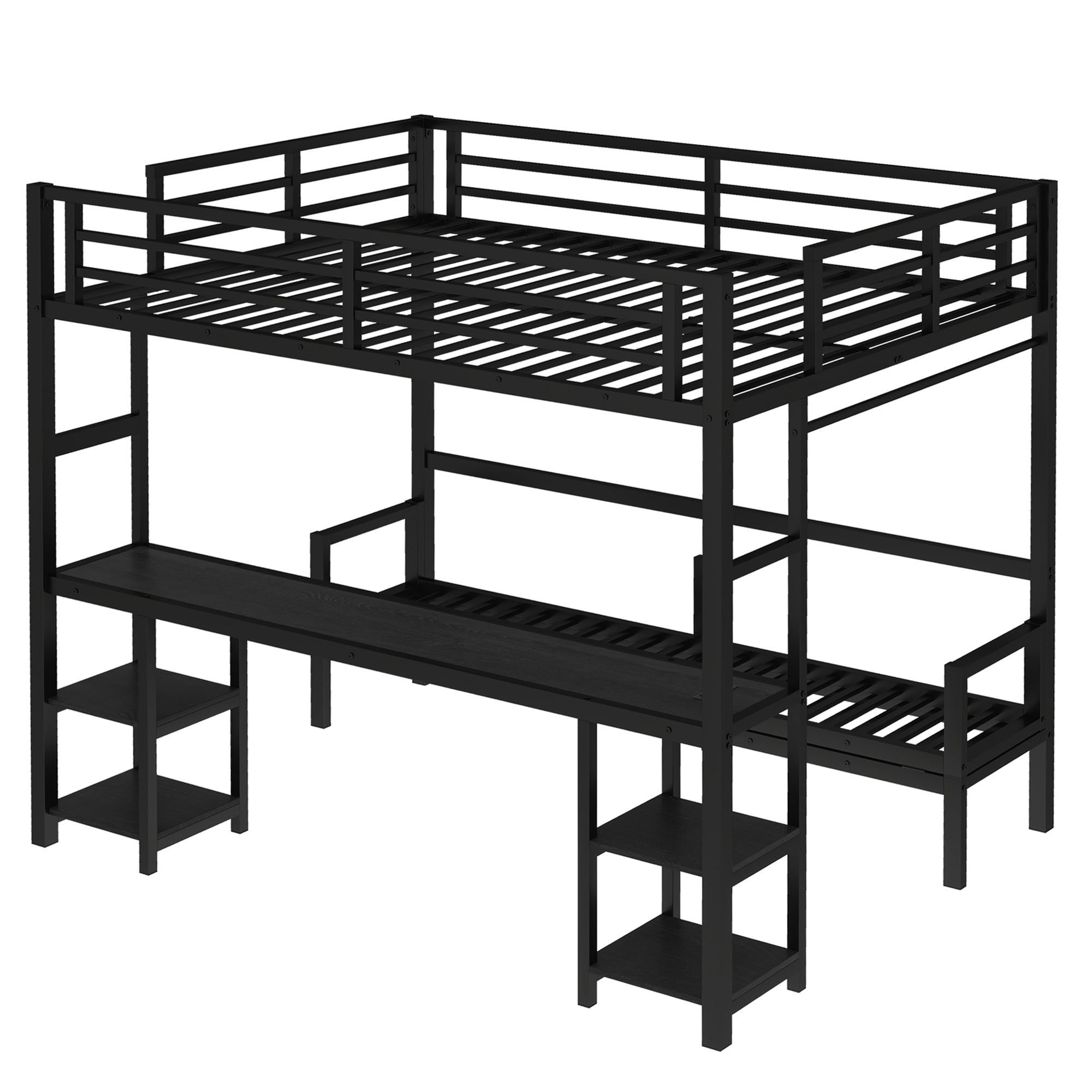 Queen Over Twin XL Metal Bunk Bed with Desk and Shelves