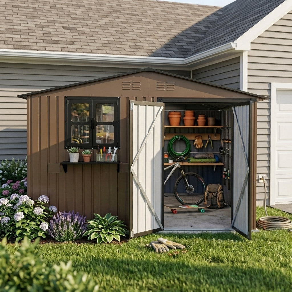 10x8 FT Outdoor Metal Storage Shed with Window & Flower Rack