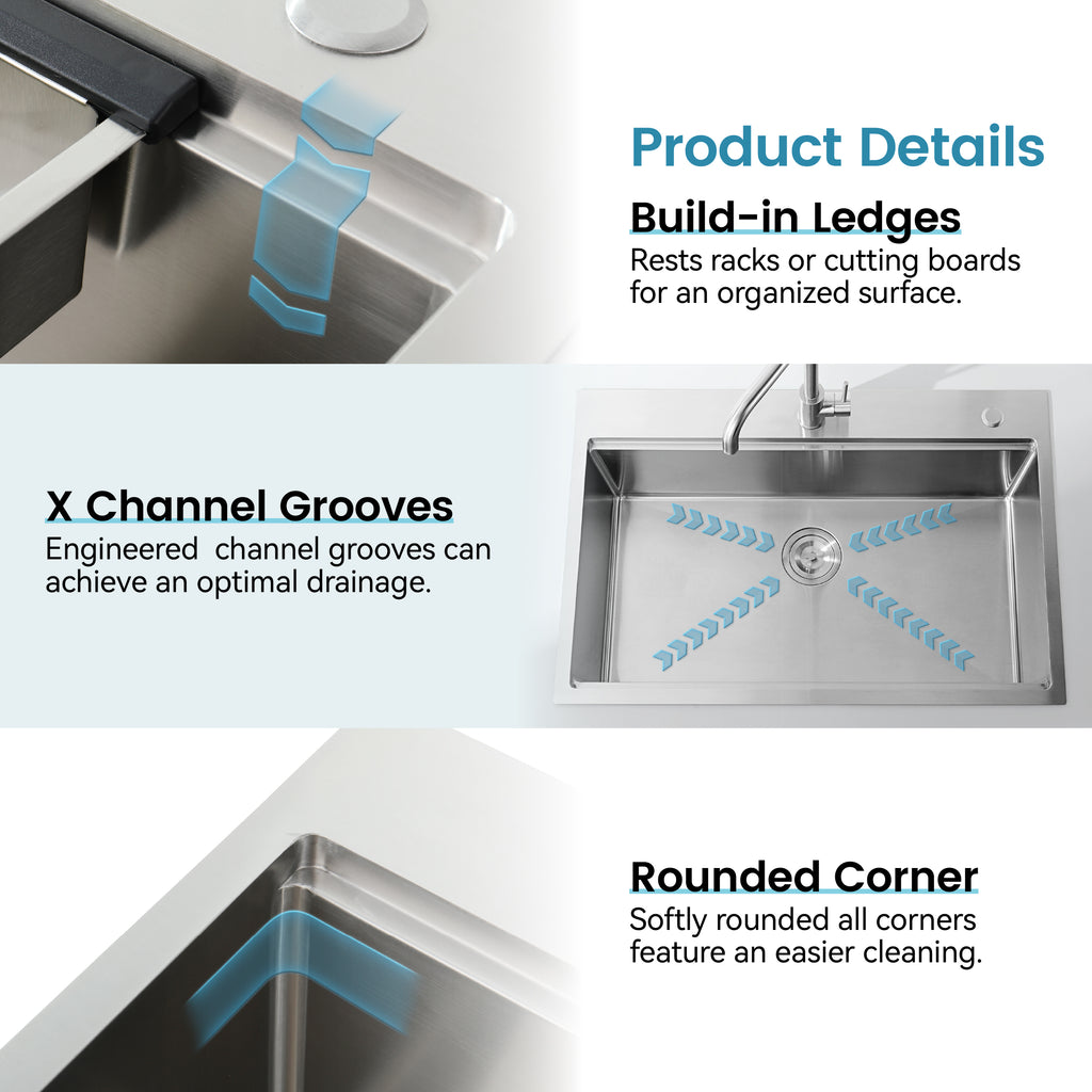 Stainless Steel Kitchen Sink, 33"x22" Single Bowl