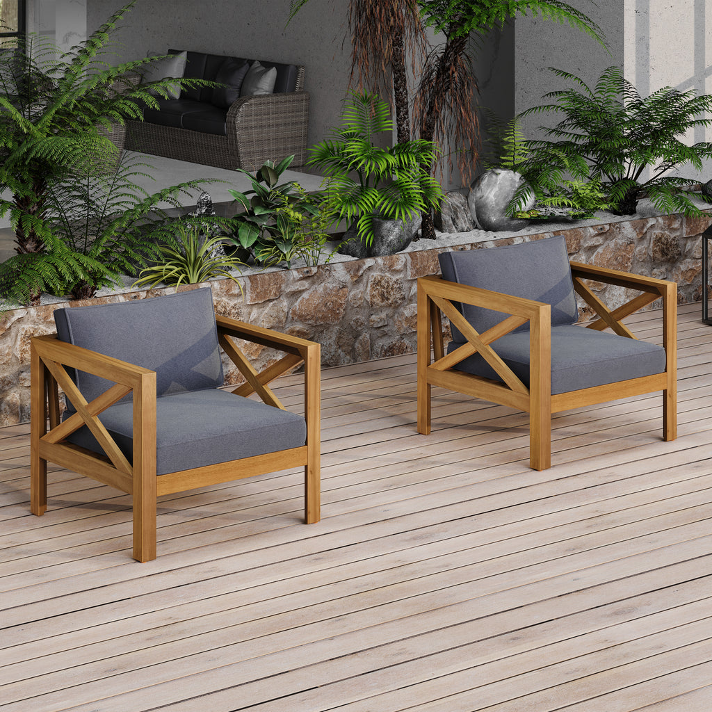Outdoor Acacia Wood Club Wooden Armchair with Cushions (Set of 4)