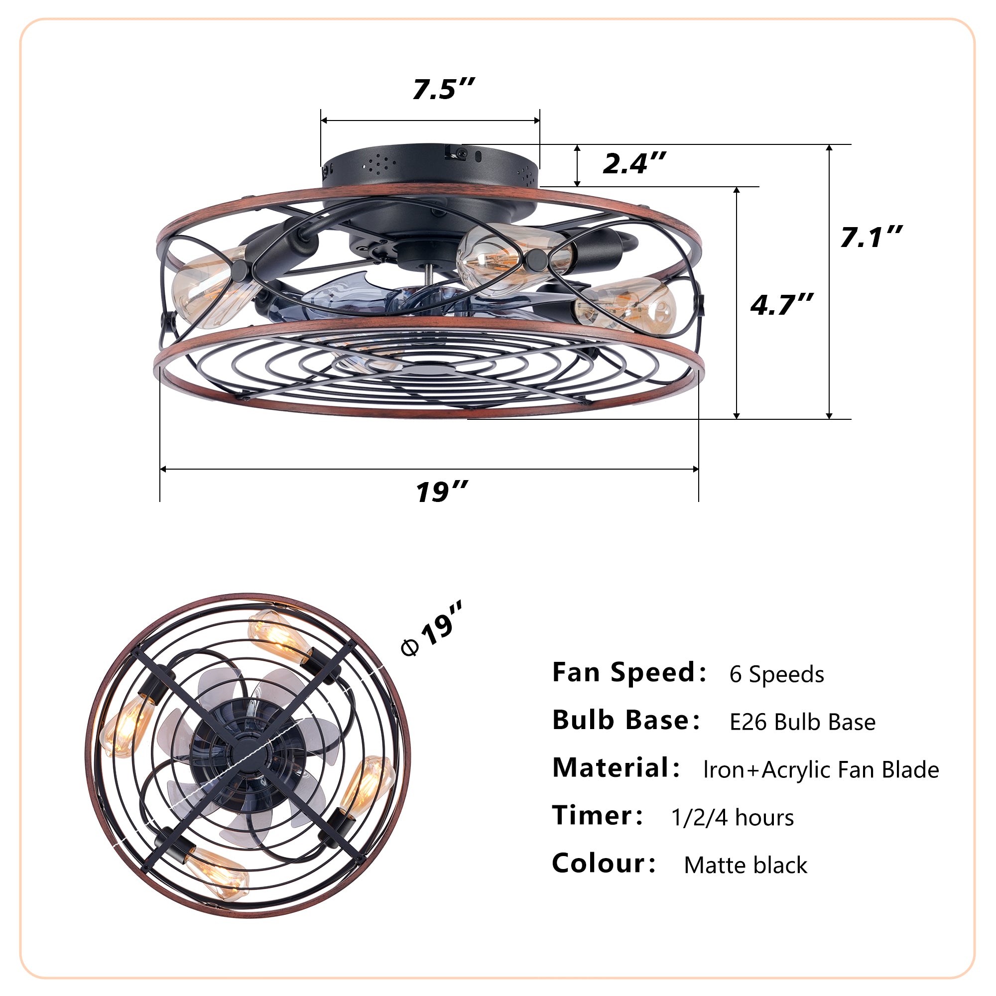 20'' Mounting Type Caged Ceiling Fan with Lights and Remote Control