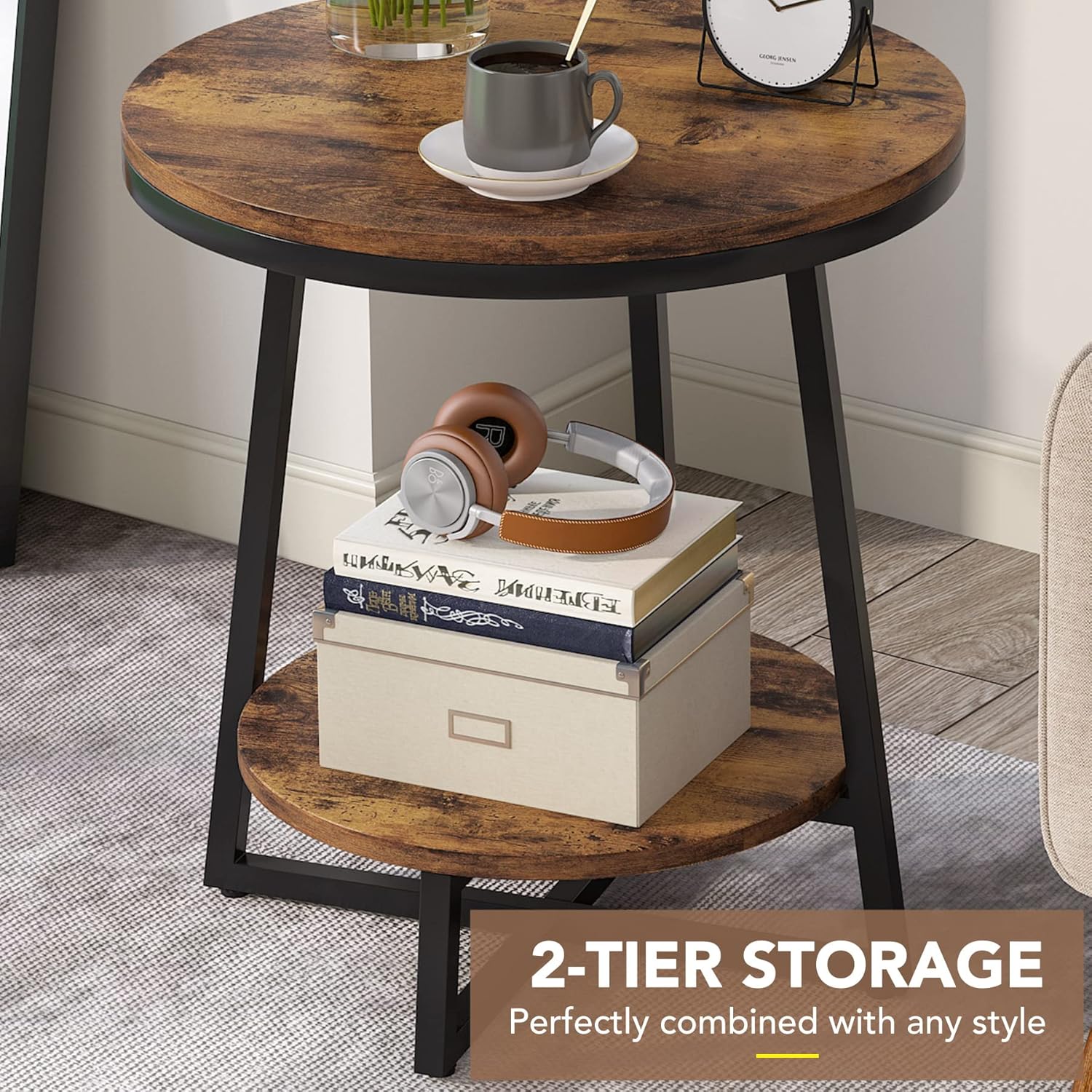 19.68" Industrial End Table with Storage Shelf – 2-Tier Round Side Table