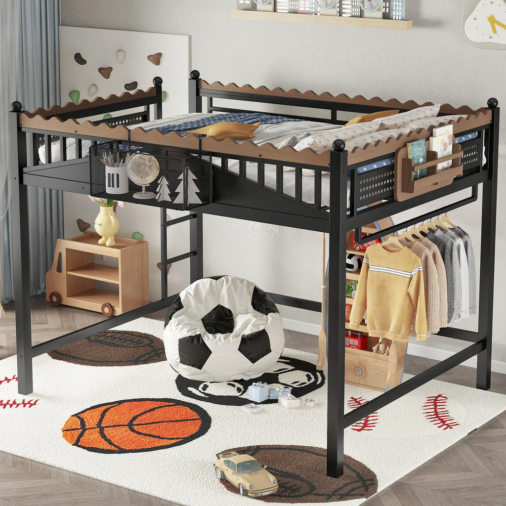 Queen Size Loft Bed With Ladders, Metal Loft Bed With Storage Shelves