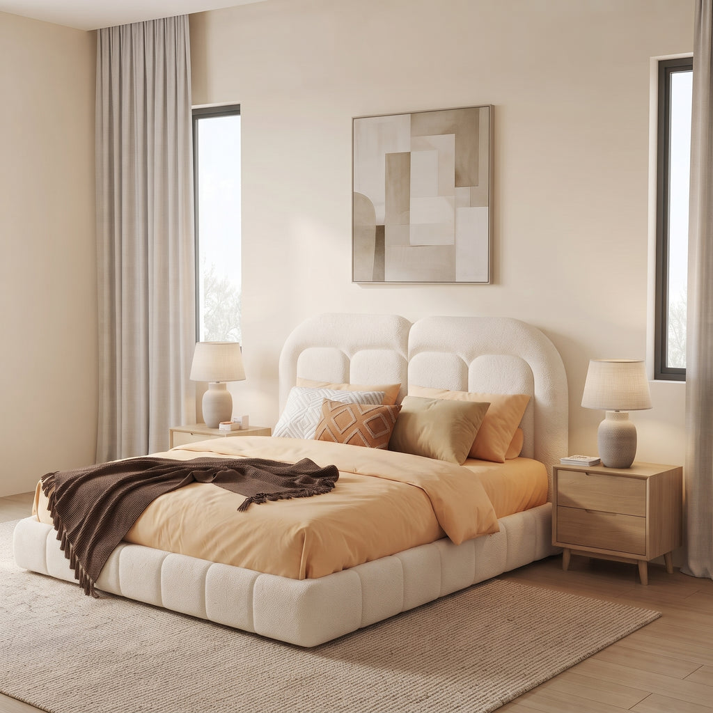 Queen Size Boucle Upholstered Platform Bed with Tufted Headboard