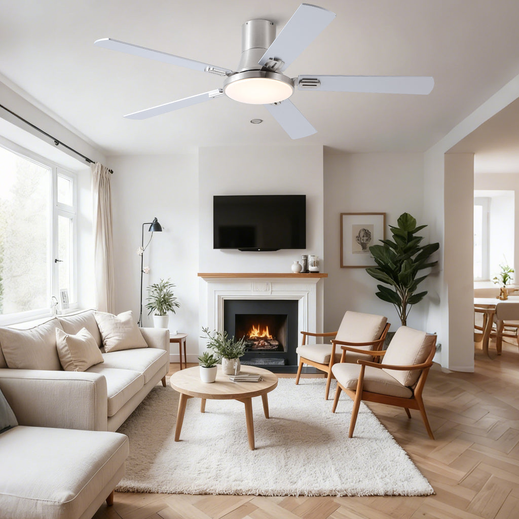 52 Inch Modern Brushed Nickel Flush Mount Ceiling Fan with Light and Remote Control