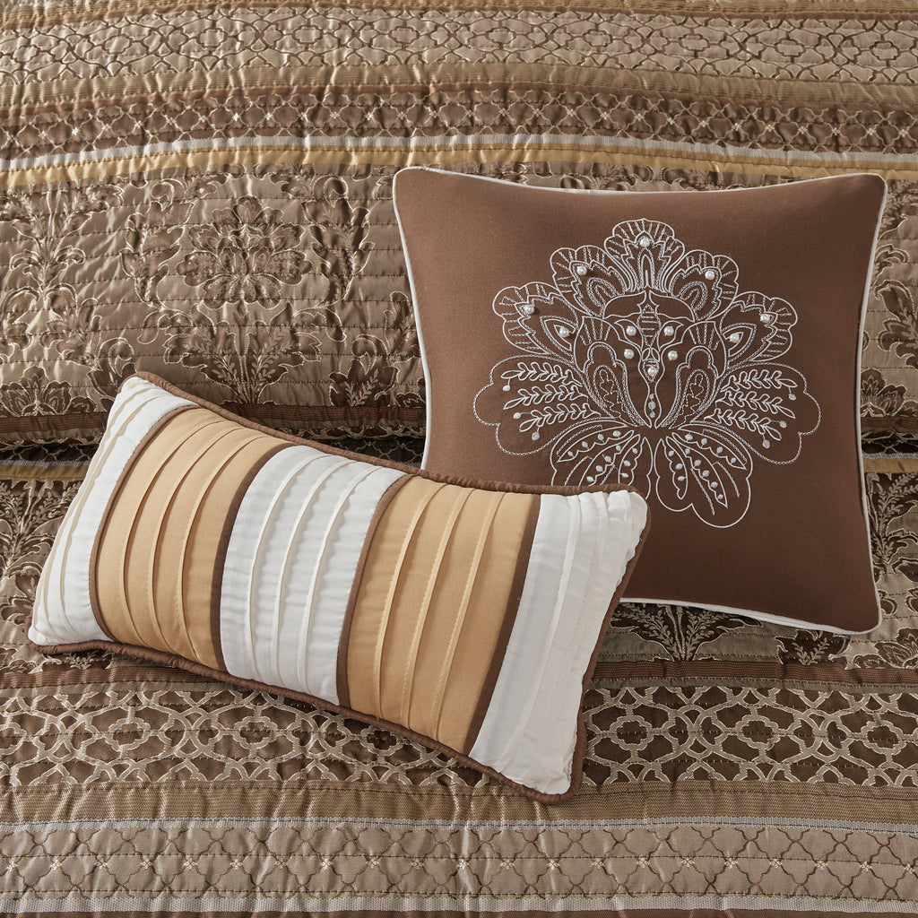 6 Piece Jacquard Quilt Set with Throw Pillows Brown/Gold King/Cal King