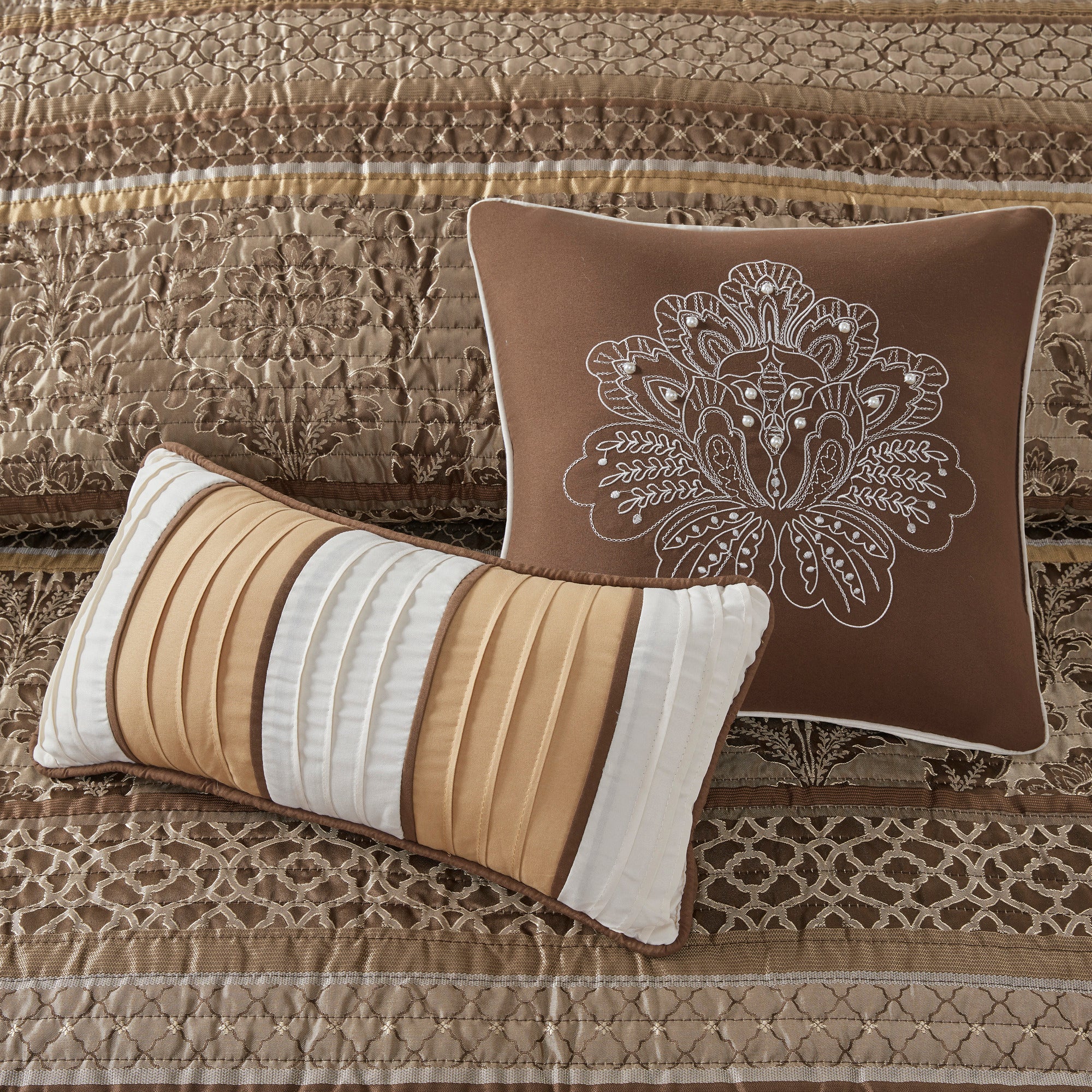 6 Piece Jacquard Quilt Set with Throw Pillows Brown/Gold King/Cal King