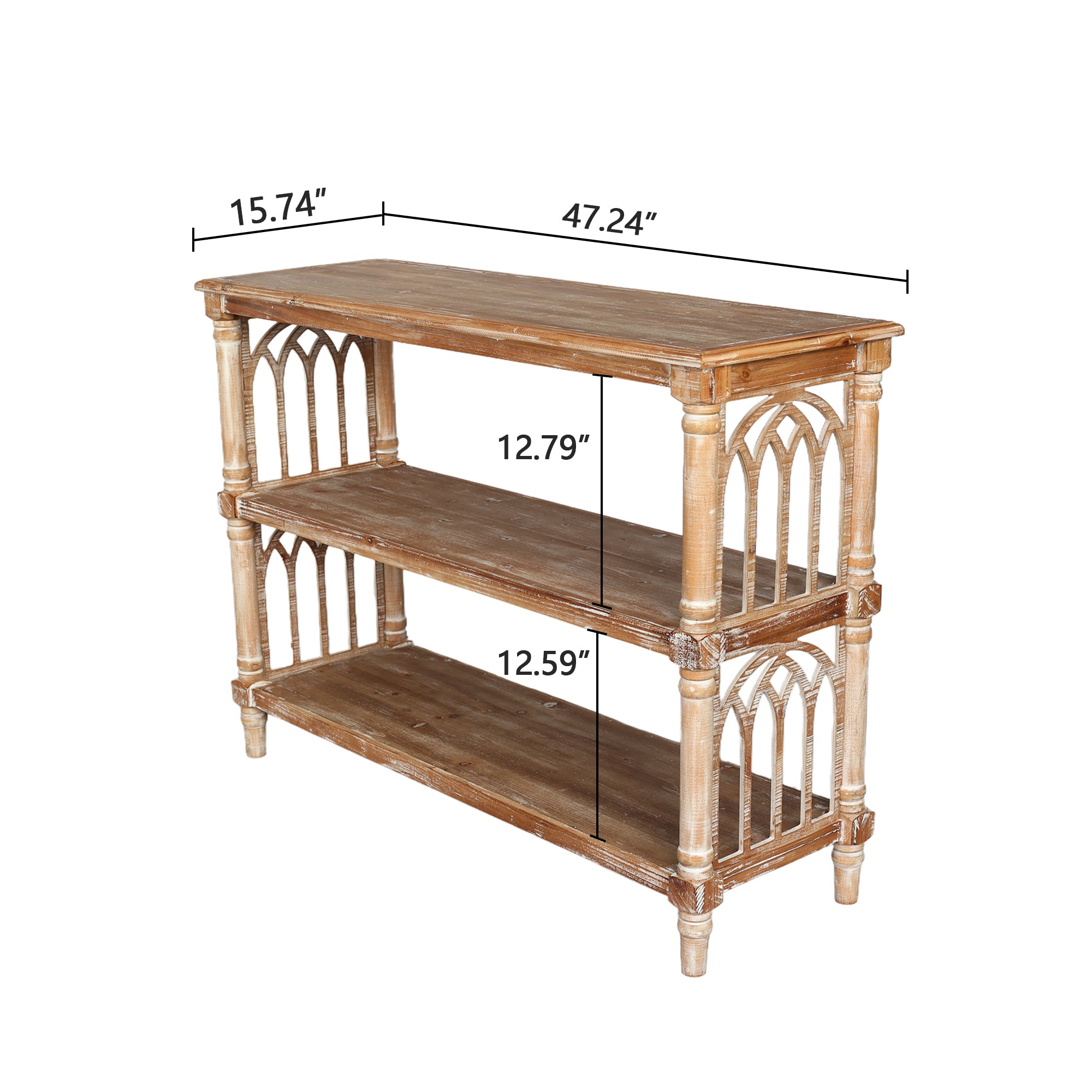 Rustic 3-Tier Console Table with Gothic-Inspired Details