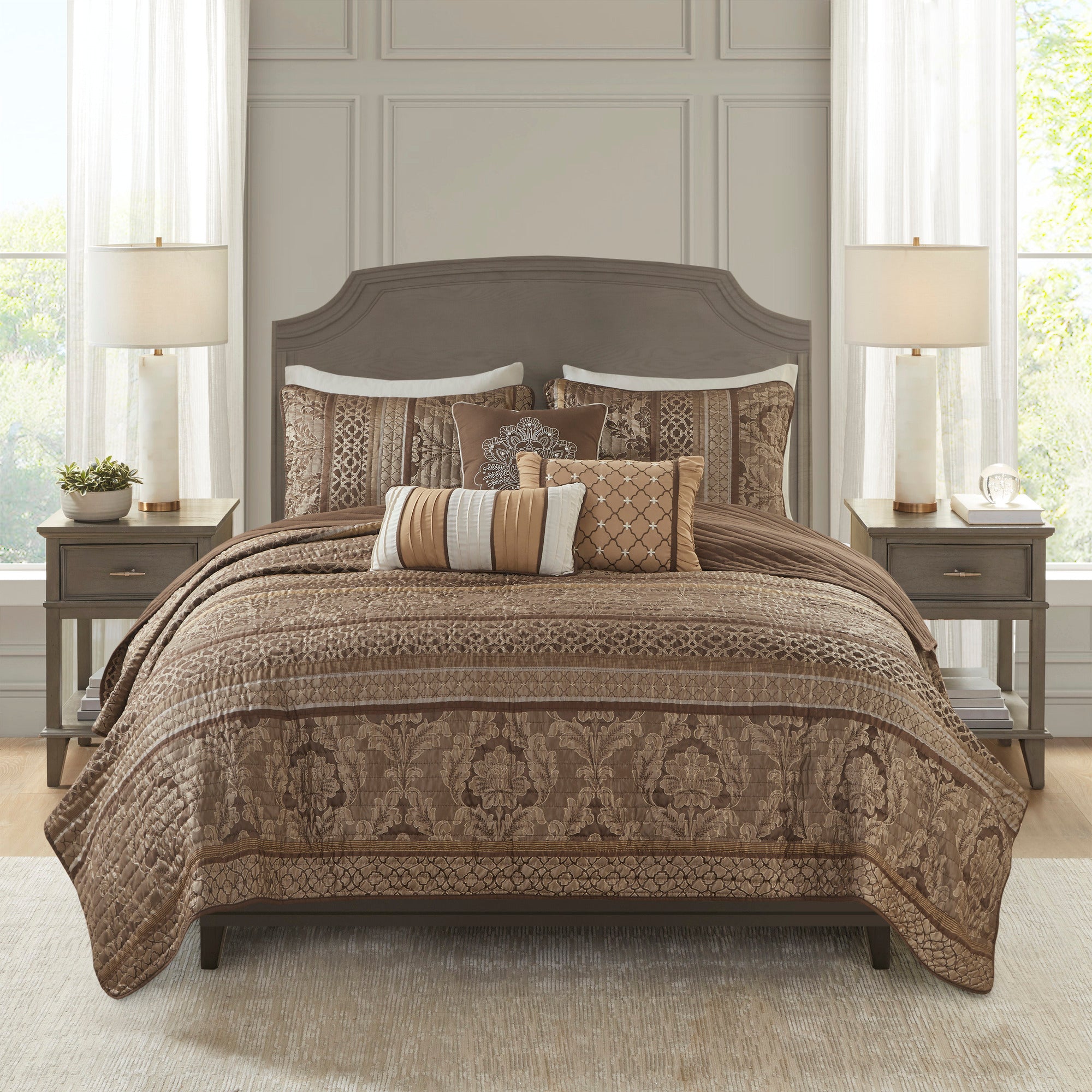 6 Piece Jacquard Quilt Set with Throw Pillows Brown/Gold King/Cal King