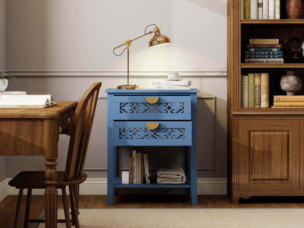 Dusty Blue 2-Drawer Nightstand with Carved Lattice Fronts, Gold Pulls