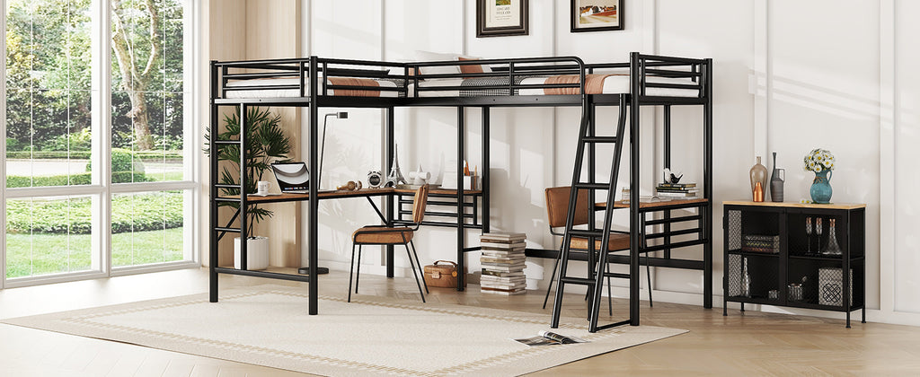 Twin Size Metal Loft Bed with Two Built-in Desks