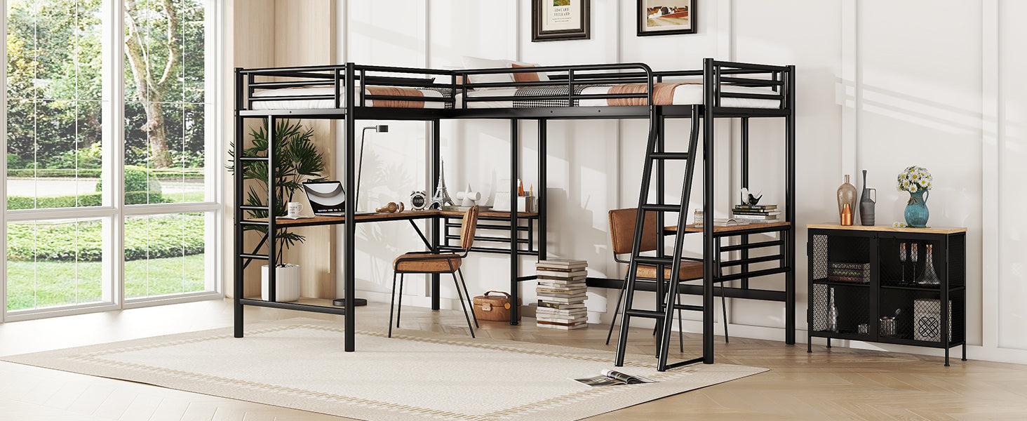 Twin Size Metal Loft Bed with Two Built-in Desks
