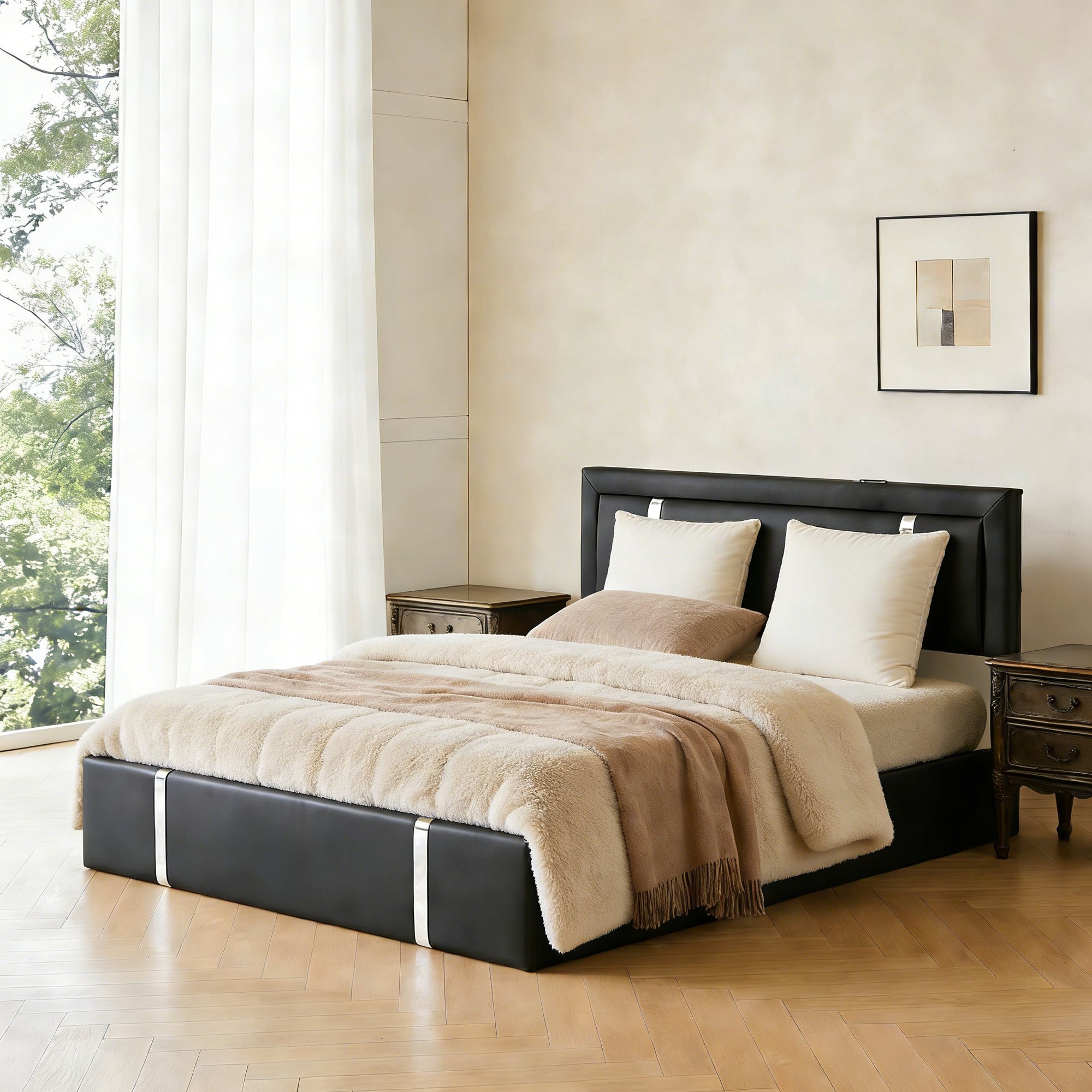 Queen Bed Frame with Adjustable LED Lights Headboard