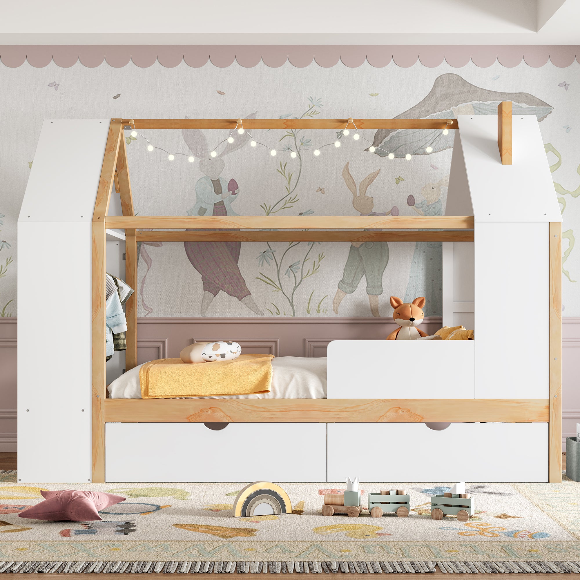 Twin Size House Platform Bed with Drawers and Shelves
