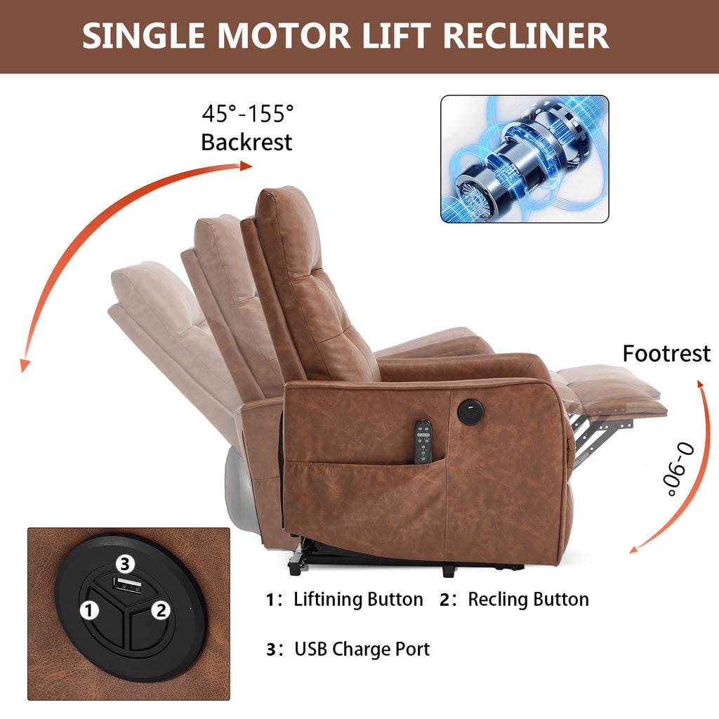 Brown PU Single Motor Power Lift Recliner Chair with Massage and Heat