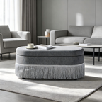 Oval Upholstered Storage Ottoman with Fringe Trim & Lift-Top Lid