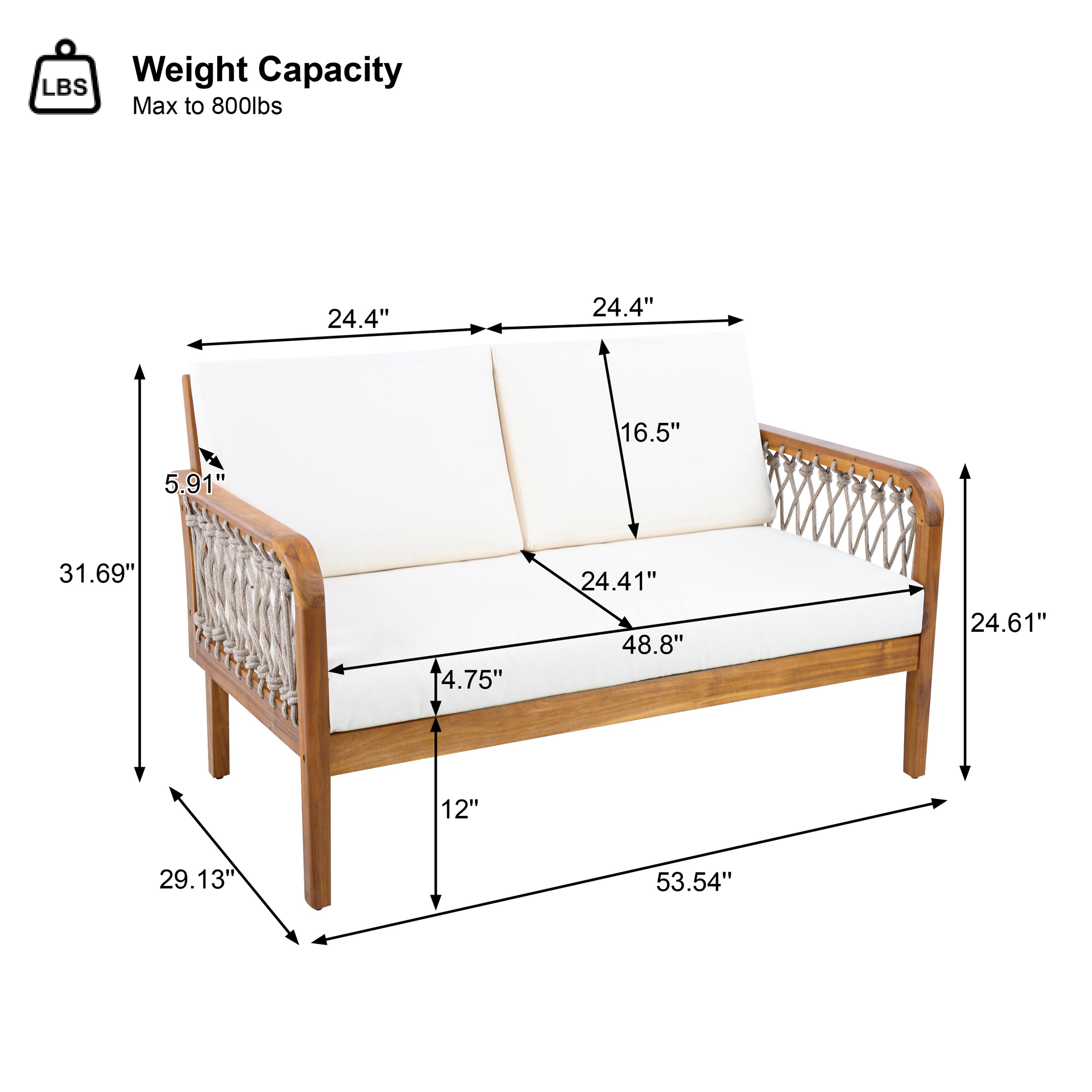 Outdoor Acacia Wood Loveseat & Coffee Table Set with Handwoven Rope