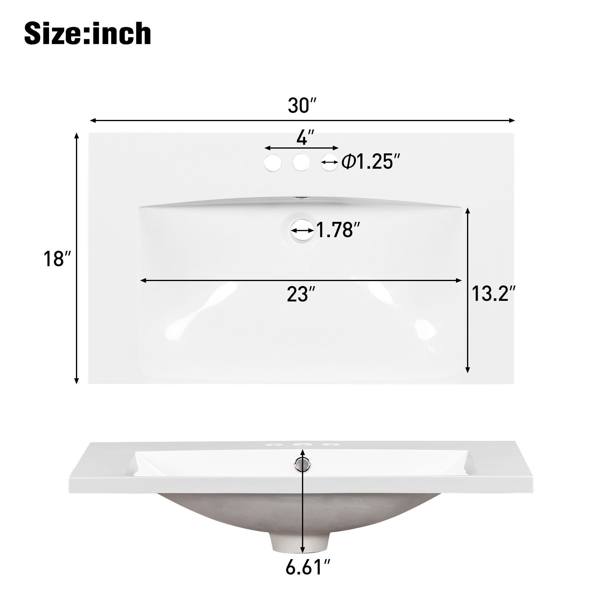 Single Bathroom Basin Sink, Vanity Top Only With 3 Faucet Holes