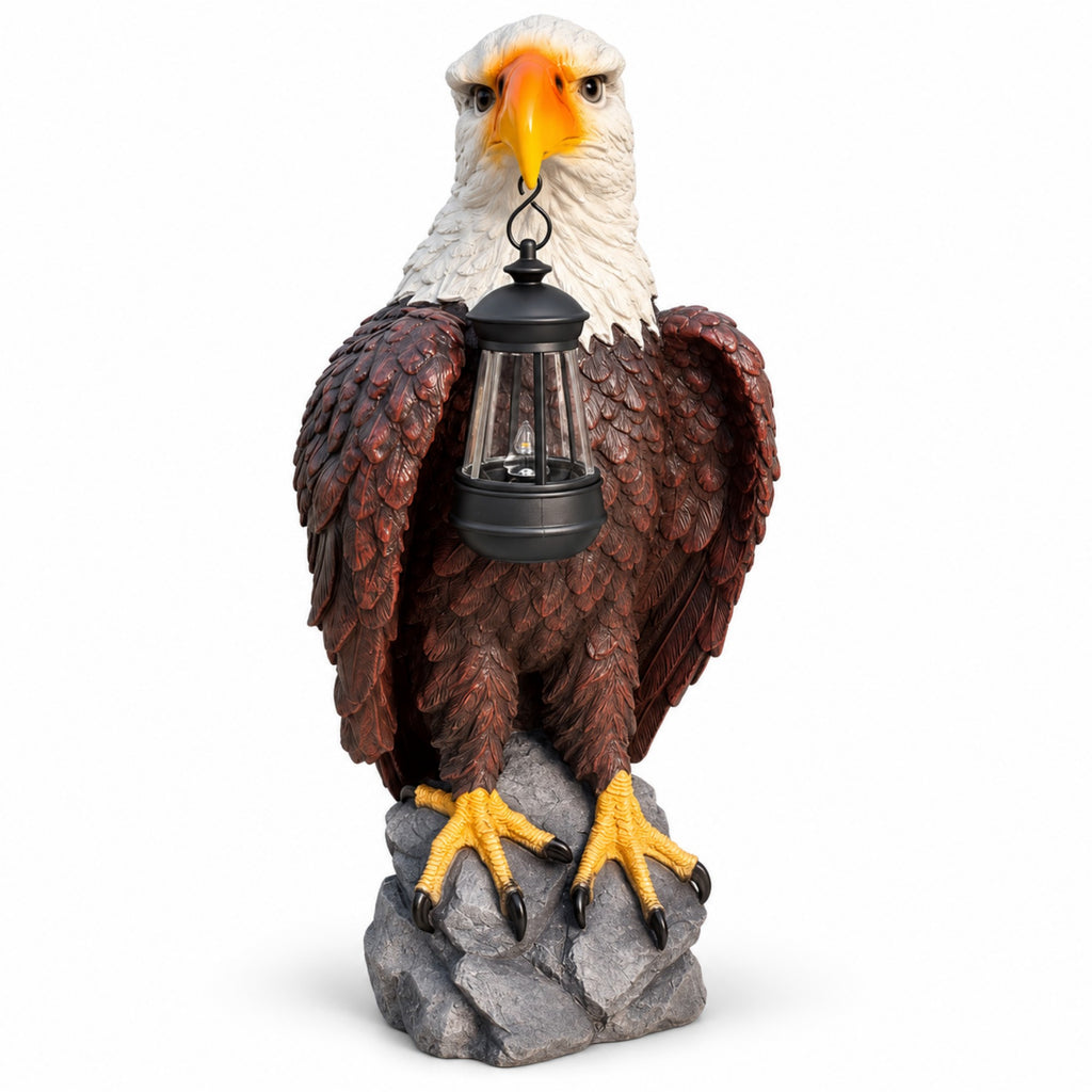 Solar Bald Eagle Garden Statue with Lantern, 23-Inch, Black Brown Resin