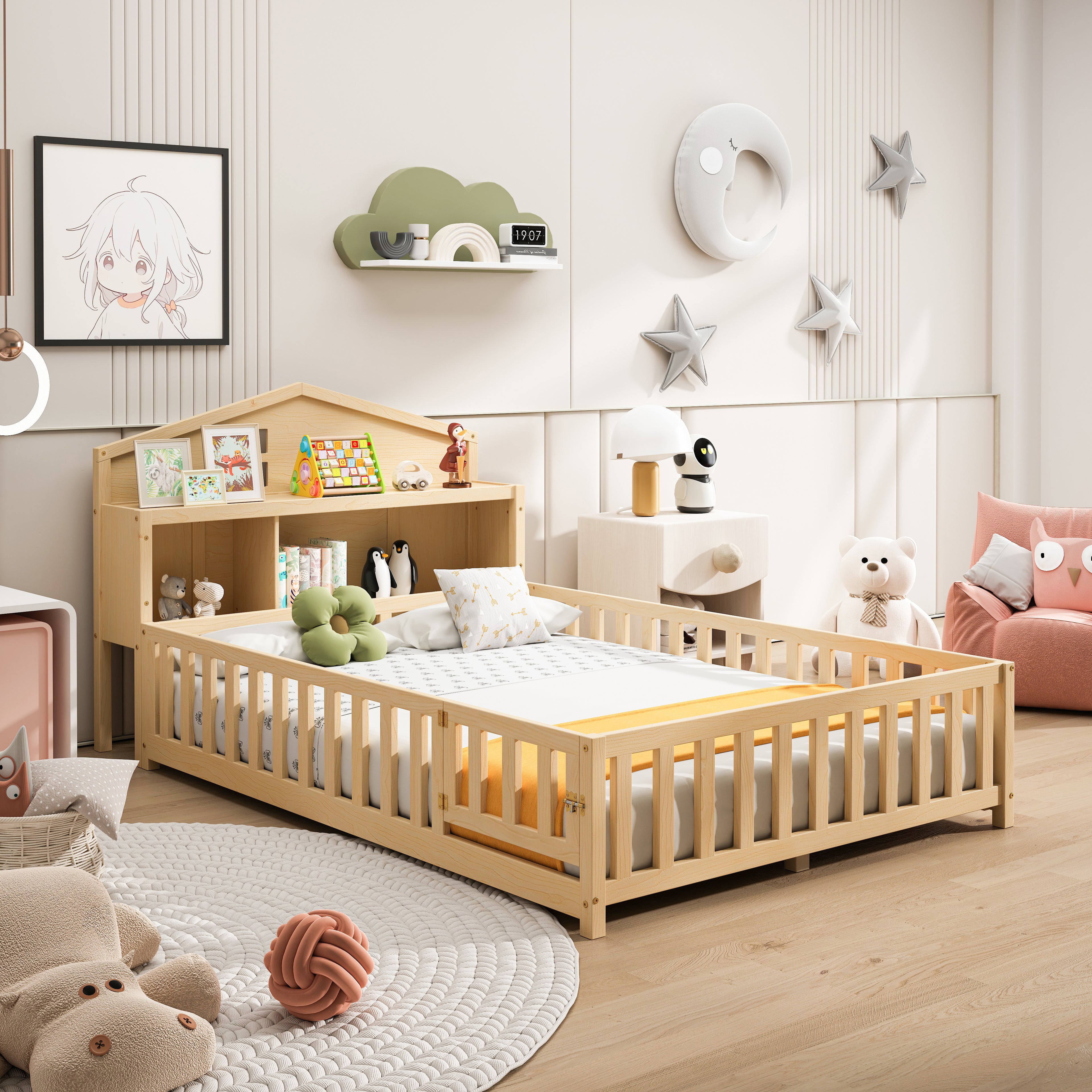 Full-Size Montessori Floor Bed with Bookcases and Blackboards