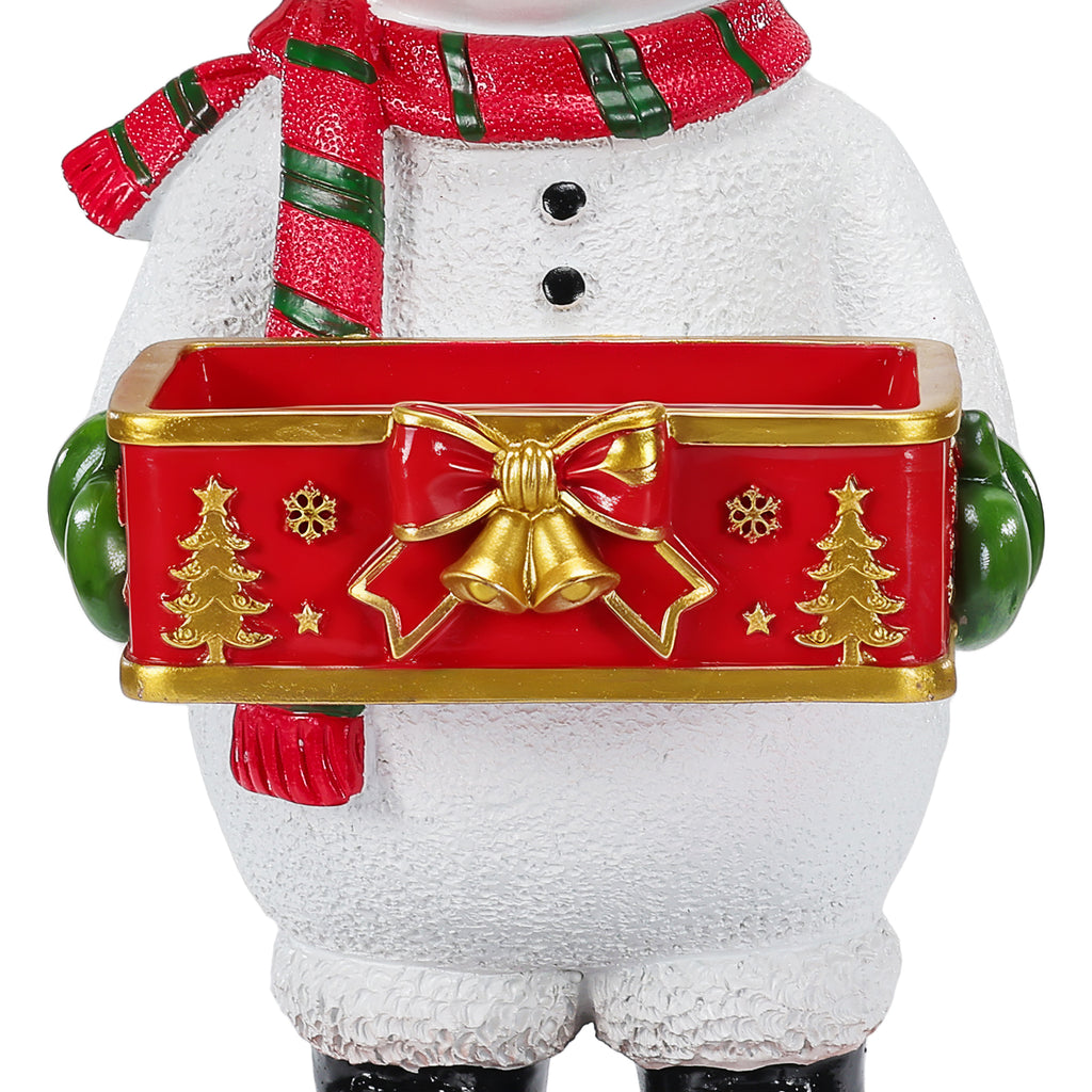 Festive Christmas Snowman Statue with Storage Tray, White Resin, 18.5-Inch