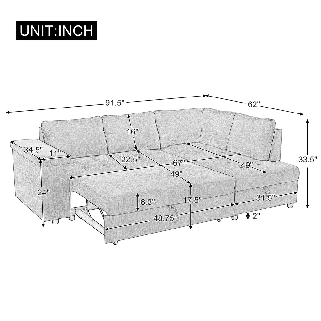 Mirod 91.5-Inch L Shaped Couch with Pull Out Bed