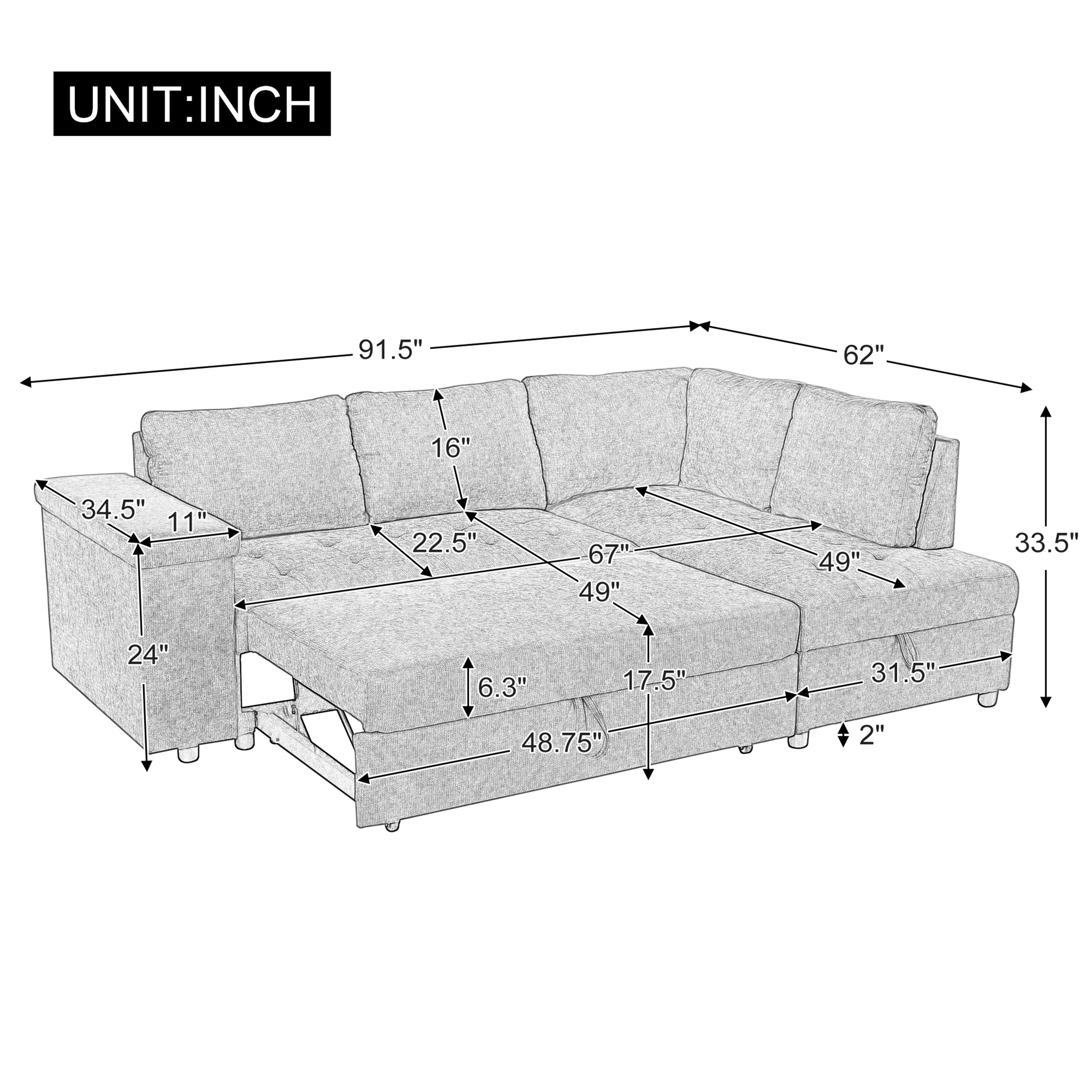 Mirod 91.5-Inch L Shaped Couch with Pull Out Bed