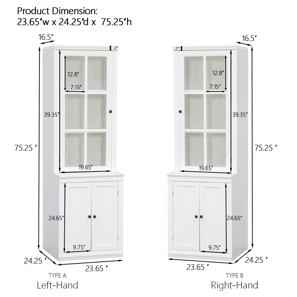 Freestanding Pantry Cabinet with Glass Door & Lattice Window